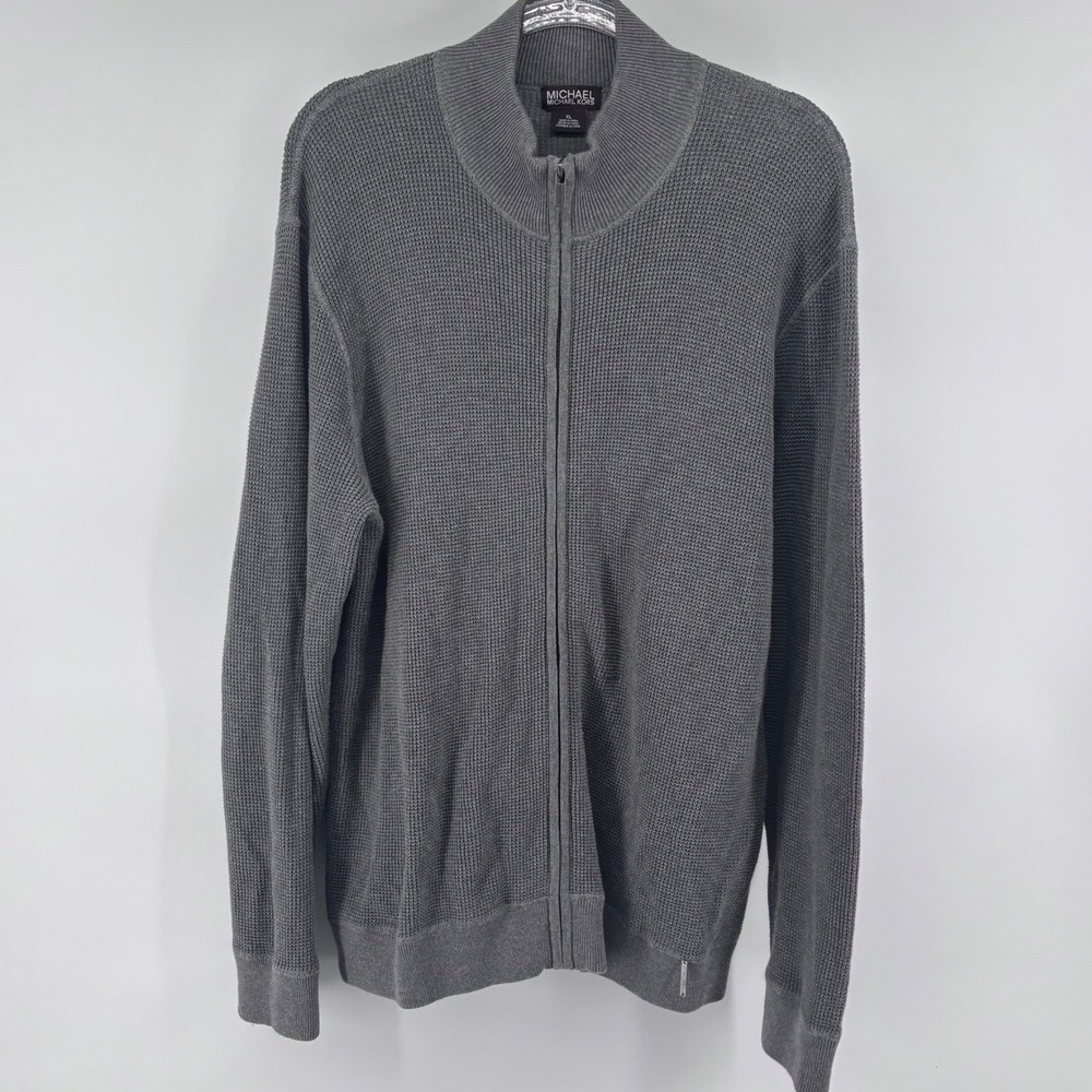 Michael Kors Mens XL Gray‎ Waffle Knit Full Zip Mock Neck Sweater Cardigan